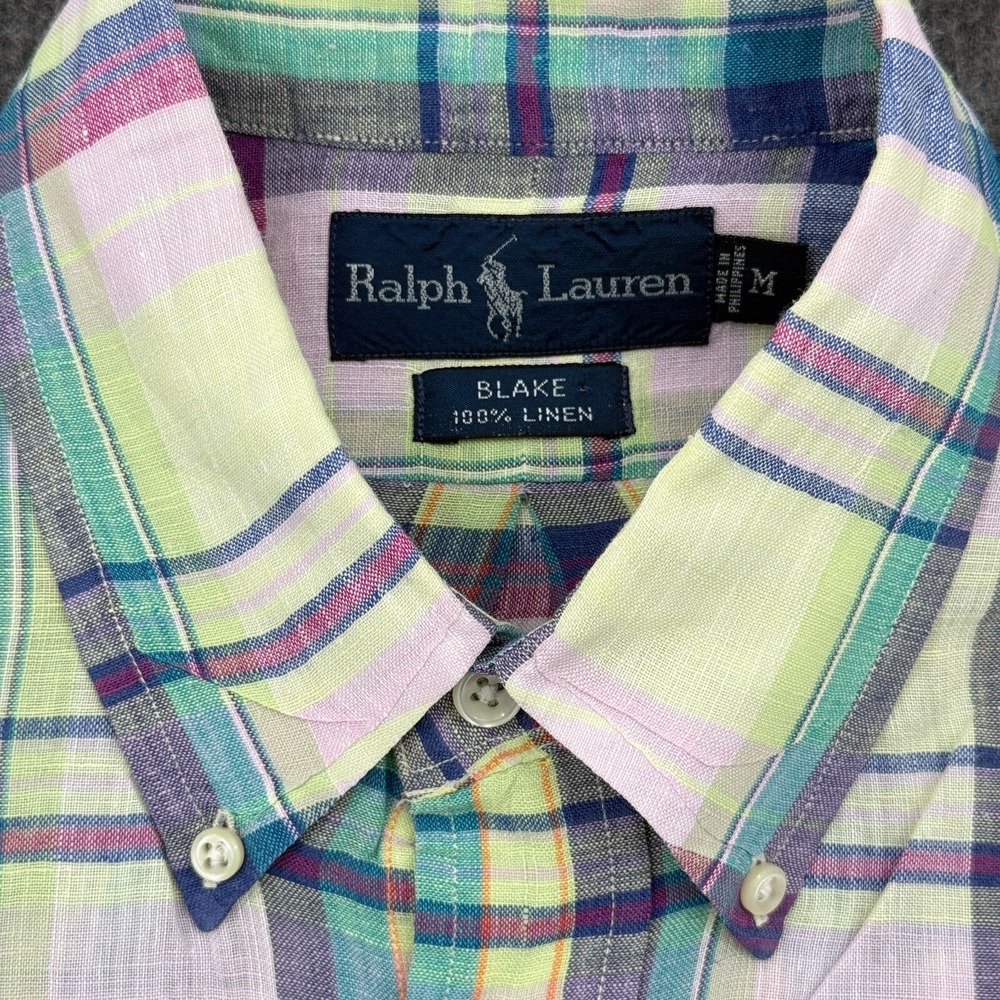 Vintage Ralph Lauren Blake Linen Shirt Mens Medium Multi Plaid Short Sleeve - Picture 7 of 10